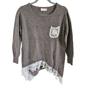 A'reve Woman Size S/M Relaxed Fit Sweater With Hand Crotched embellishments Lace